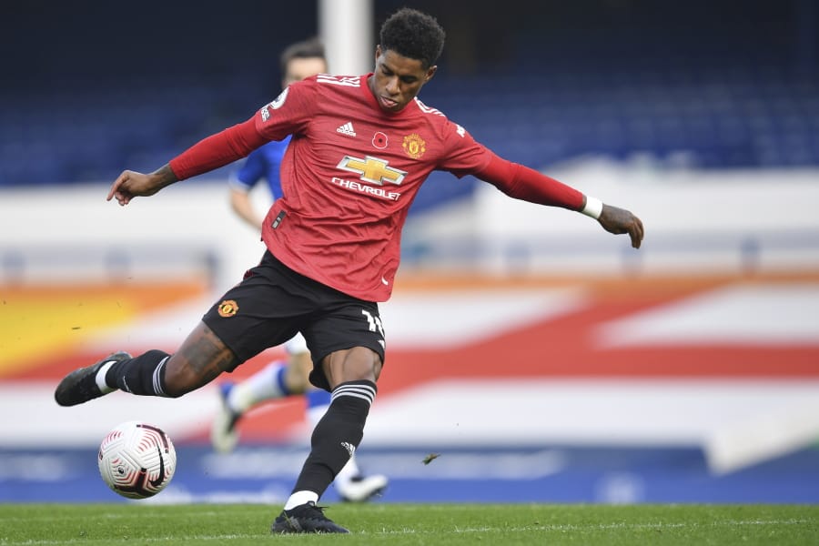Manchester United&#039;s Marcus Rashford in action during the English Premier League soccer match between Everton and Manchester United at the Goodison Park stadium in Liverpool, England, Saturday, Nov. 7, 2020.