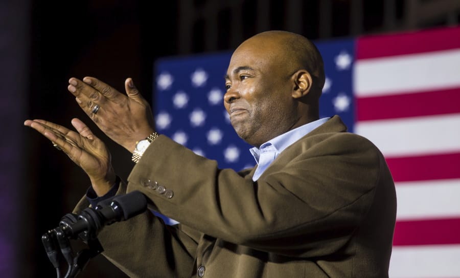 CORRECTS SPELLING OF FIRST NAME TO JAIME, INSTEAD OF JAMIE - Democratic Senate candidate Jaime Harrison thanks his supporters at an election watch party in Columbia, S.C., after losing the Senate race to incumbent Lindsey Graham, Tuesday, Nov. 3, 2020.
