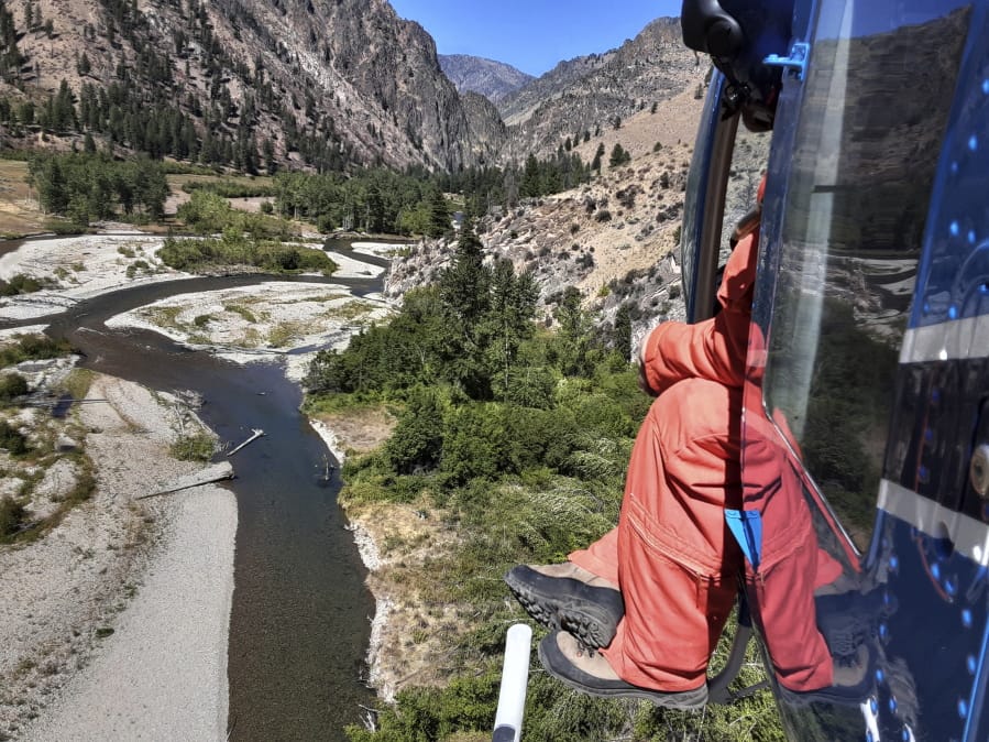 This Sept. 9, 2020 photo provided by the Idaho Department of Fish and Game shows Idaho Department of Fish and Game fisheries biologist Eli Felts looking down at Loon Creek to count chinook salmon spawning beds in the Frank Church River of No Return Wilderness, Idaho.