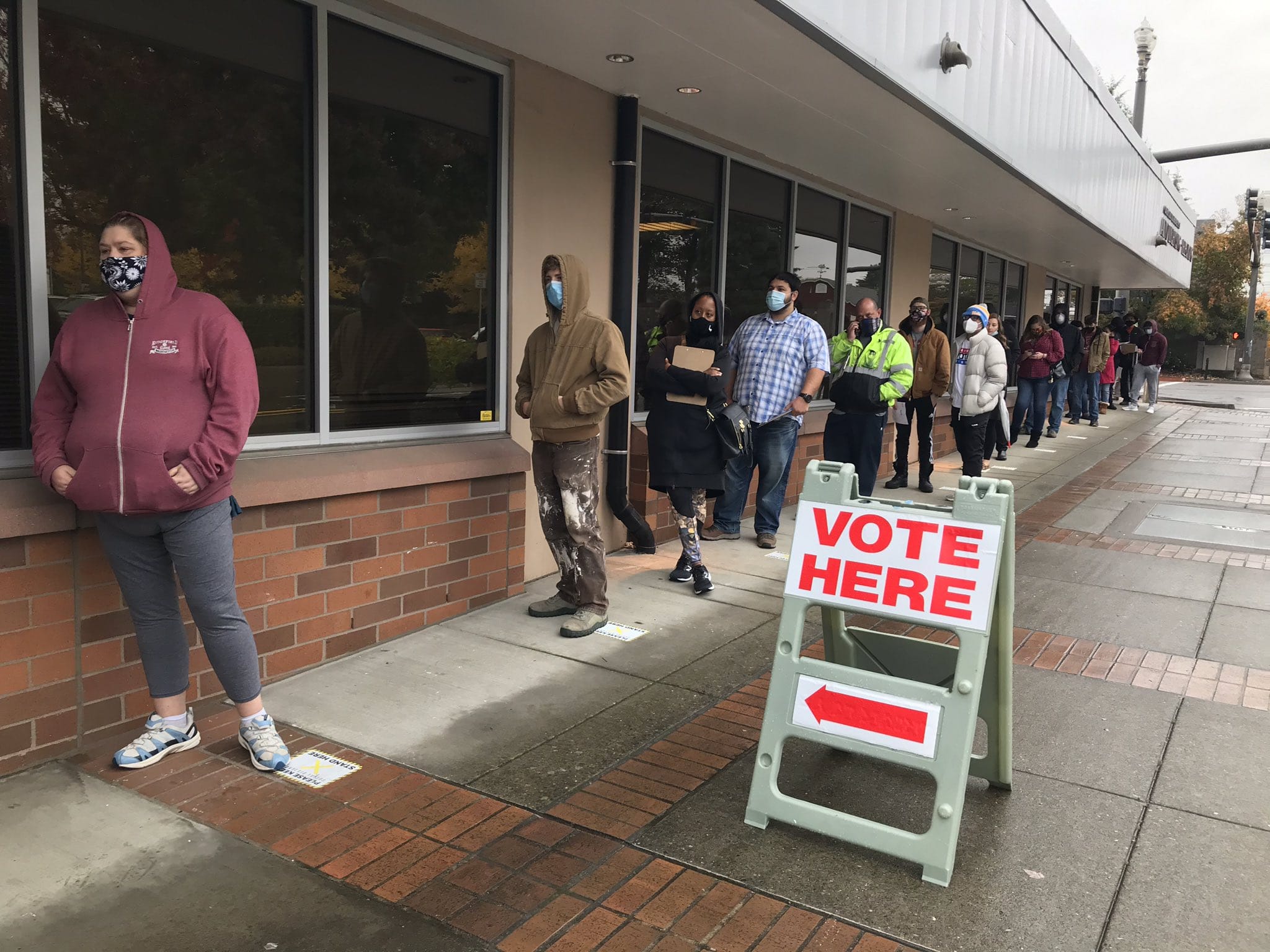 A line stretches around the block at the Clark County Elections Office on Tuesday after as people register and vote.