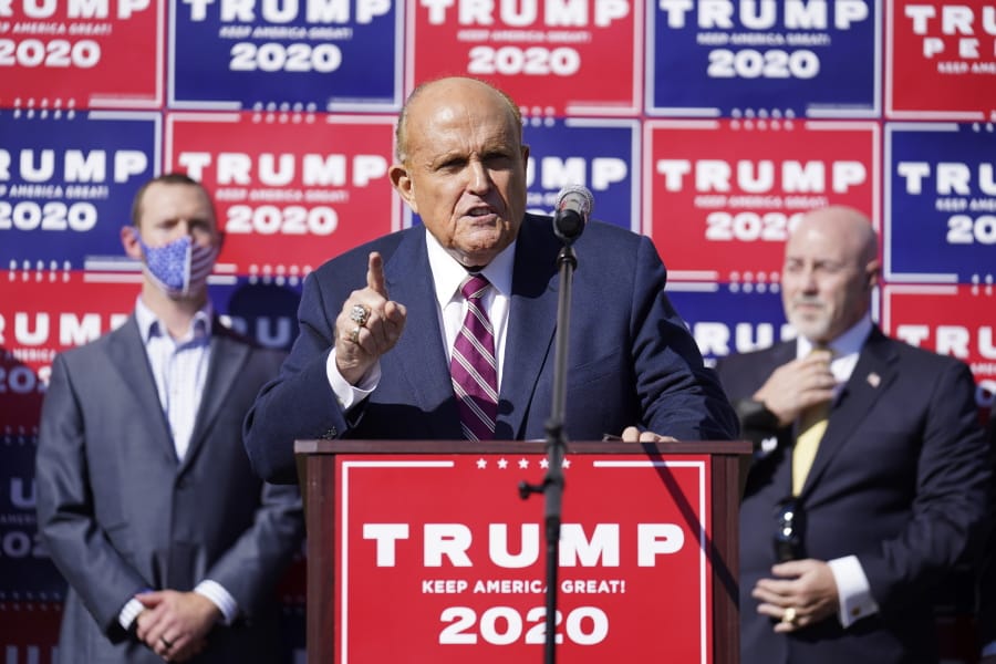 Former New York mayor Rudy Giuliani, a lawyer for President Donald Trump, speaks during a news conference on legal challenges to vote counting in Pennsylvania, Saturday Nov. 7, 2020, in Philadelphia.
