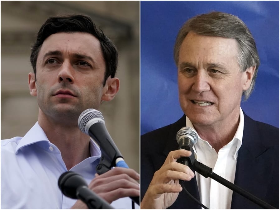 This combination of photos shows Democratic candidate for Senate Jon Ossoff, left, on Nov. 10, 2020, and Republican candidate for Senate Sen. David Perdue on Nov. 2, 2020, in Atlanta. The two are in a runoff election for the Senate seat.