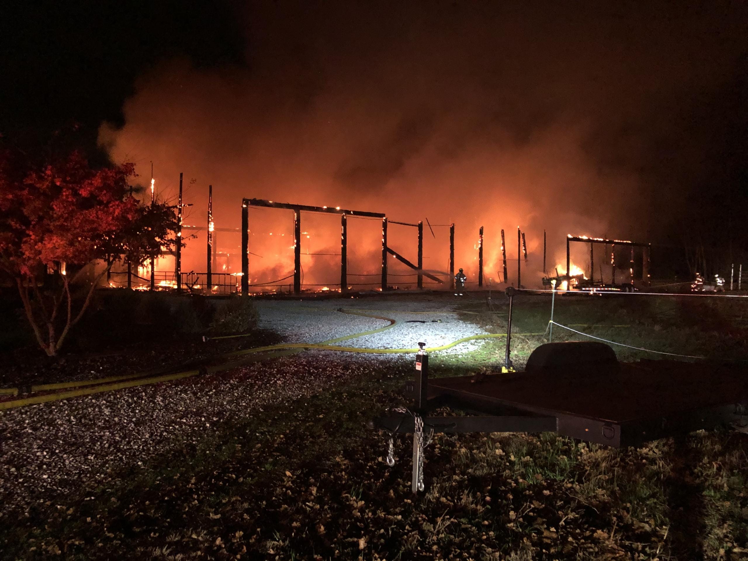 A large horse arena was destroyed by a fire early Wednesday morning southwest of Battle Ground.