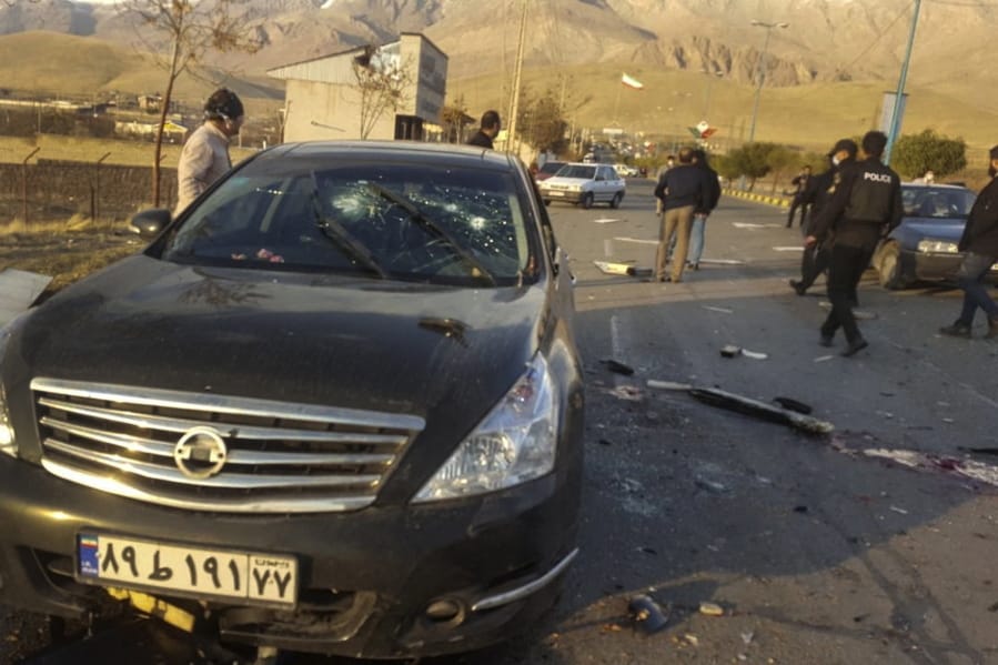 This photo released by the semi-official Fars News Agency shows the scene where Mohsen Fakhrizadeh was killed in Absard, a small city just east of the capital, Tehran, Iran, Friday, Nov. 27, 2020.  Fakhrizadeh, an Iranian scientist that Israel alleged led the Islamic Republic&#039;s military nuclear program until its disbanding in the early 2000s was &quot;assassinated&quot; Friday, state television said.