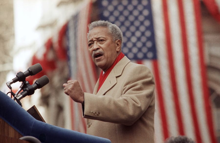 FILE - In this Monday, Jan. 2, 1990, file photo, David Dinkins delivers his first speech as mayor of New York, in New York. Dinkins, New York City&#039;s first African-American mayor, died Monday, Nov. 23, 2020. He was 93.