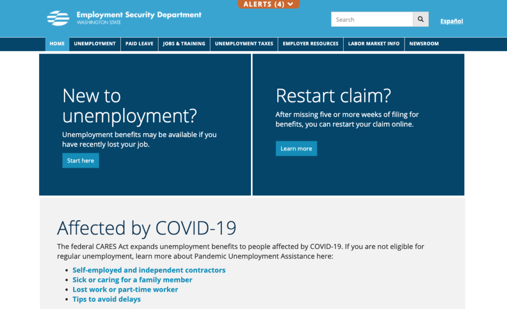 The homepage of the Washington State Employment Security Department.