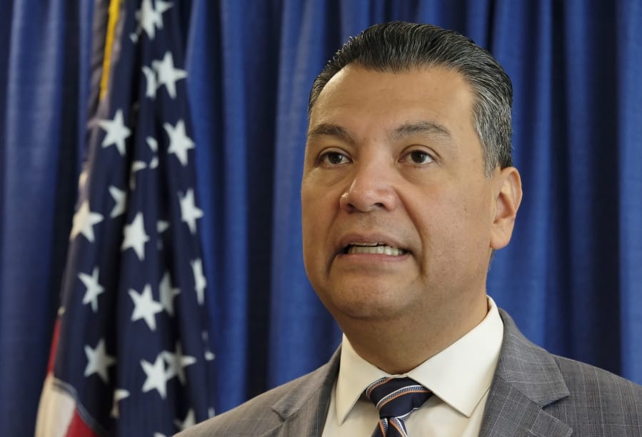 FILE - In this Nov. 2, 2018, file photo, California Secretary of State Alex Padilla speaks in San Francisco. Election Day is over but California already is consumed with its next high-profile political contest the competition to fill Kamala Harris&#039; soon-to-be-vacant U.S. Senate seat. Padilla is one of a group of people being considered as one of the candidates for the Senate pick.