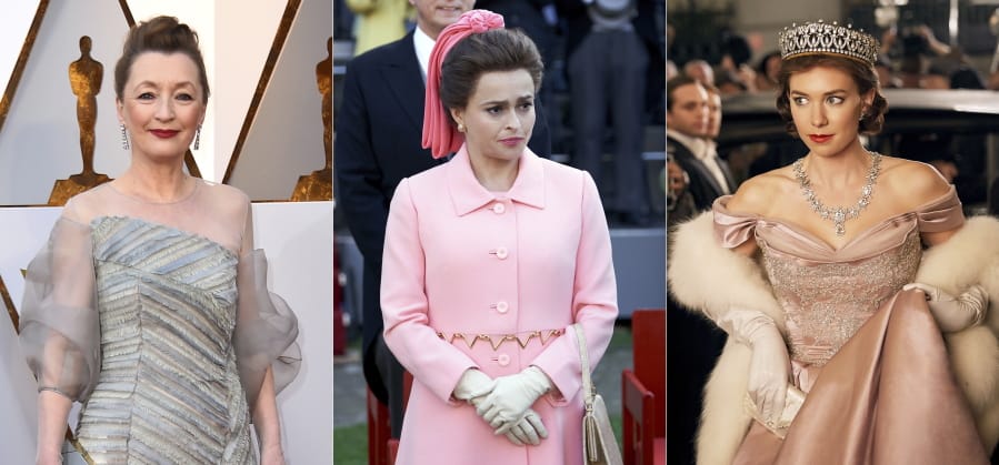 Actress Lesley Manville, from left, at the Oscars in Los Angeles on March 4, 2018, Helena Bonham Carter portraying Princess Margaret in season three of &quot;The Crown&quot; and Vanessa Kirby portraying a younger Princess Margaret in the Netflix series &quot;The Crown.&quot; Manville will portray the royal in the final seasons of the series.
