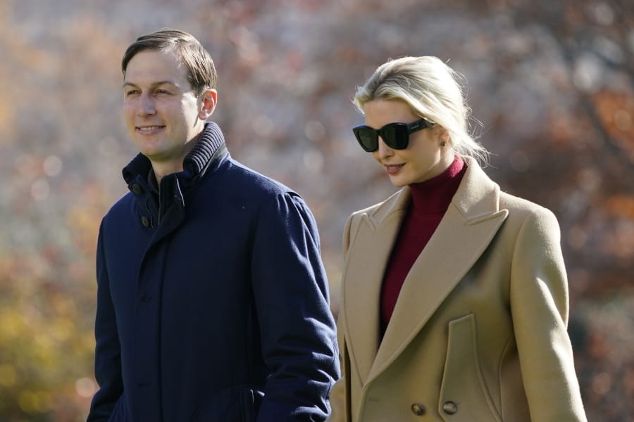 President Donald Trump&#039;s White House Senior Adviser Jared Kushner and Ivanka Trump, the daughter of President Trump, walk on the South Lawn of the White House in Washington, Sunday, Nov. 29, 2020, after stepping off Marine One upon returning from Camp David.