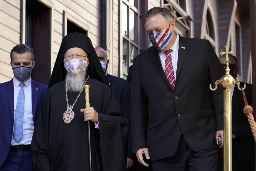 Secretary of State Mike Pompeo, right, speaks with Ecumenical Patriarch Bartholomew I, the spiritual leader of the world&#039;s Orthodox Christians, before departing the Patriarchal Church of St. George in Istanbul, Tuesday, Nov. 17, 2020. Pompeo&#039;s stop in Turkey is focused on promoting religious freedom and fighting religious persecution, which is a key priority for the U.S. administration, officials said.
