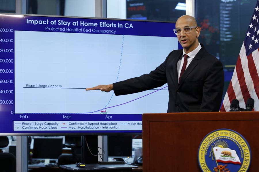 FILE - In this April 1, 2020, file photo Dr. Mark Ghaly, secretary of the California Health and Human Services, gestures to a chart showing the impact of the mandatory stay-at-home orders during a news conference ,at the Governor&#039;s Office of Emergency Services in Rancho Cordova, Calif. On Saturday, California will impose another, partial overnight curfew to stem a recent surge in coronavirus cases. Ghaly said that about 12% of the new cases will be hospitalized in coming weeks, and the cumulative increase could soon threaten to swamp the state&#039;s healthcare system as it has in other states. The curfew will run from 10 p.m. to 5 a.m.