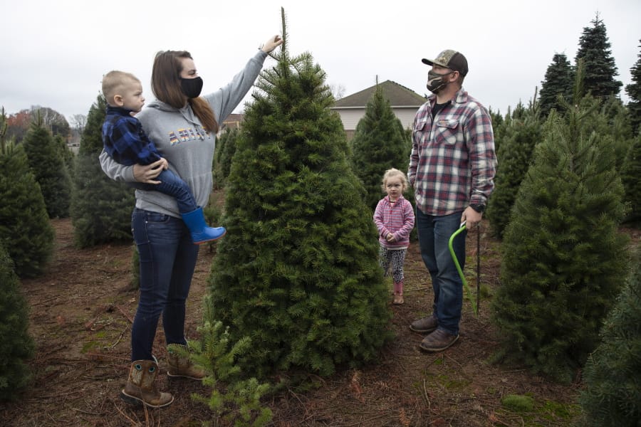 Josh and Jessica Ferrara shop for Christmas trees with son Jayce, 1 year and Jade, 3 years, at Sunnyview Christmas Tree farm on Saturday, Nov.  21, 2020 in Salem, Ore. It&#039;s early in the season, but both wholesale tree farmers and small cut-your-own lots are reporting strong demand, with many opening well before Thanksgiving.
