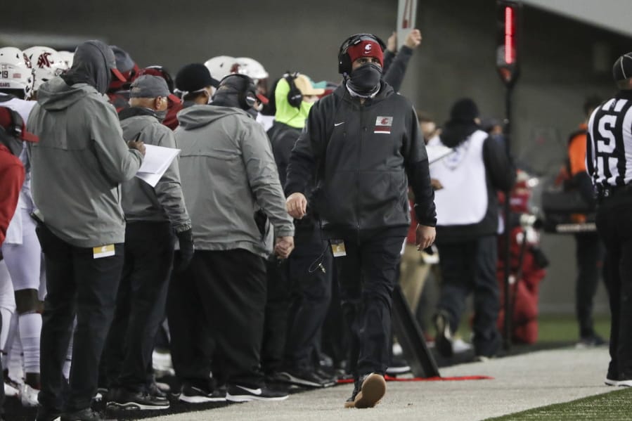 Washington State coach Nick Rolovich along the sideline during the first half of the team&#039;s NCAA college football game against Oregon State in Corvallis, Ore., Saturday, Nov. 7, 2020.
