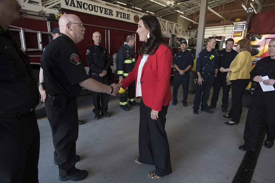 Congresswoman Jaime Herrera Beutler,says goodbye to Vancouver Fire Department Division Chief Ward Knable in an October 2019 visit to Fire Station 1.