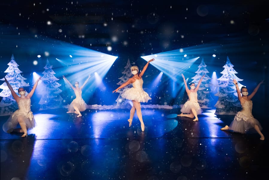 Samantha Cruz as the Snow Queen, surrounded by snow dancers Izzy Goff, Scarlett Reeder, Ellee Nicols and Grace Bartley, in Riverside Performing Arts&#039; video, &quot;A Tale of the Nutcracker.&quot; (Julie G Photography)