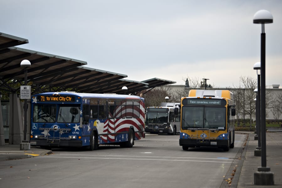 Buses make their way into the C-Tran 99th Street Station while preparing to unload passengers on Thursday morning.