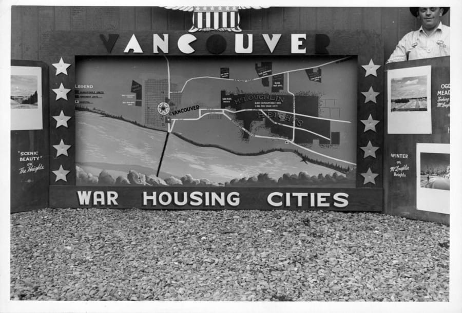 Employment at the Kaiser Shipyards brought 45,000 workers and their families to Vancouver right after World War II started, and they needed housing. Suddenly villages sprung up forming a ring around middle-class Vancouver. This 1942 photo taken on the new communities&#039; opening day shows the areas offering temporary homes for shipyard workers and their families: McLaughlin Heights, Fruit Valley, Ogden Meadows, Bagley Downs, Burton Homes and Harney Hill.