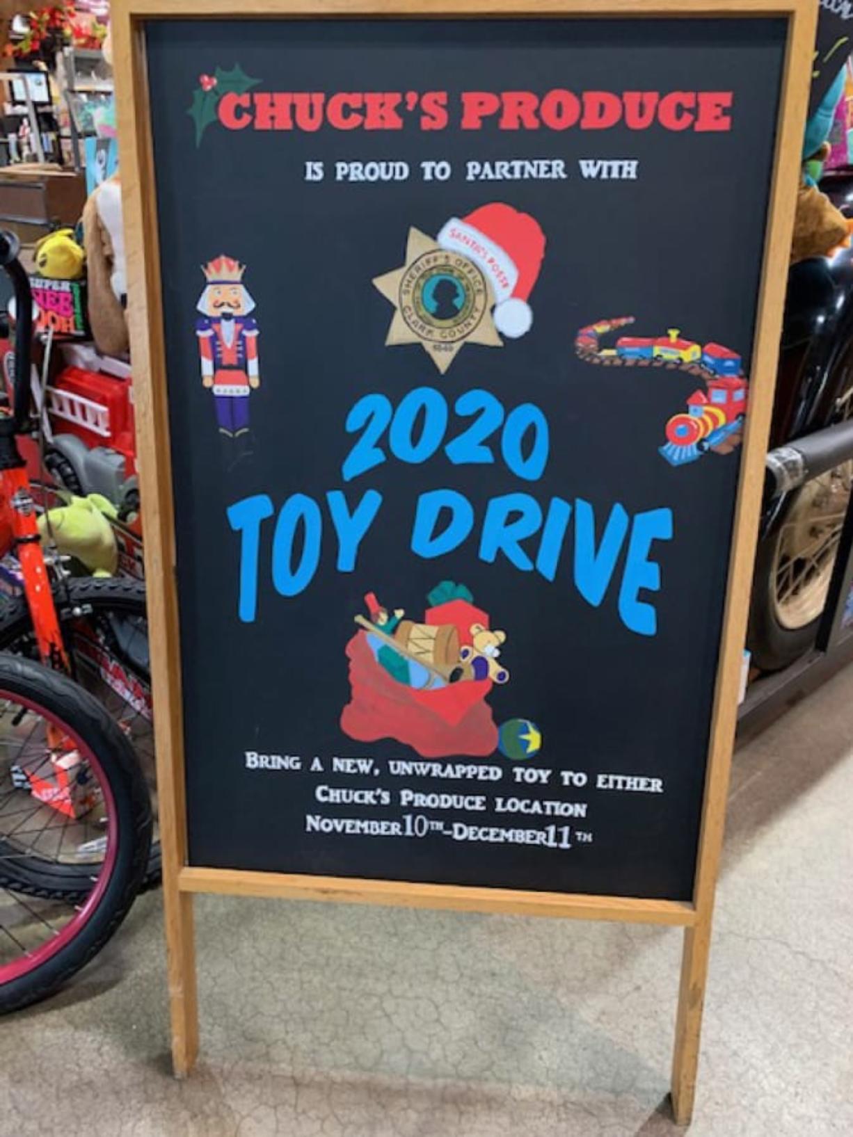 Toy donations are piling up at Chuck&#039;s Produce on Southeast Mill Plain Boulevard. New, unwrapped toys are being accepted at both Chuck&#039;s until 10 a.m. Friday and will be distributed by Santa&#039;s Posse on Dec. 20.