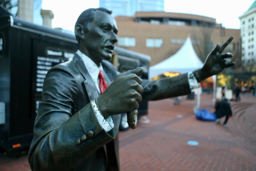 The statue formally called &quot;Allow Me&quot; but also known as the Umbrella Man was missing its signature umbrella on Sunday, November 29, 2020. The figure has stood in Pioneer Courthouse Square in downtown Portland since 1984.