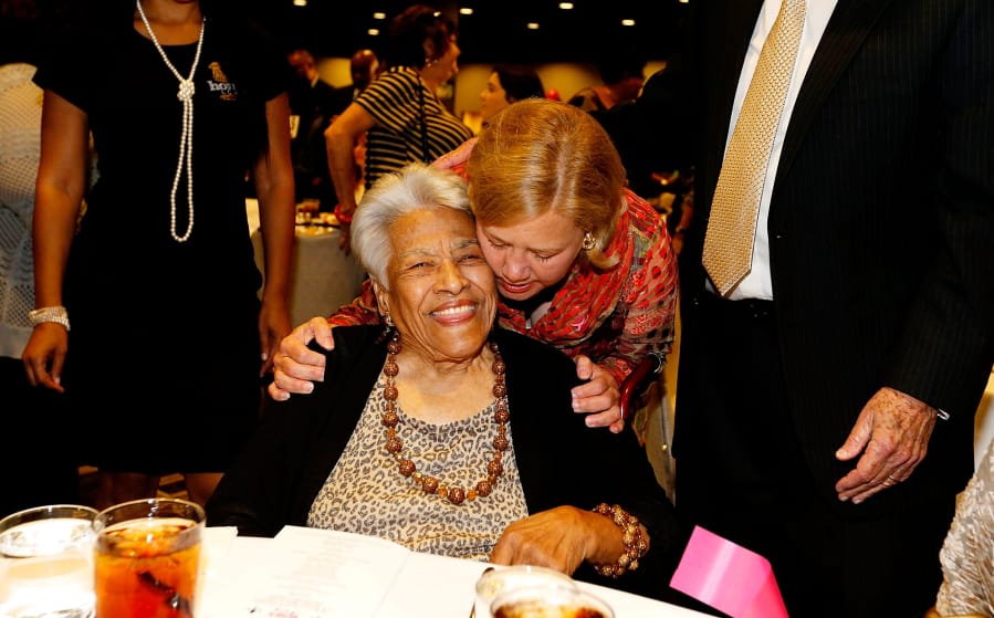 U.S. Sen. Mary Landrieu, D-La., hugs chef Leah Chase during a &quot;Women with Mary&quot; campaign event on Oct. 22, 2014, in New Orleans.