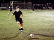 Ridgefield senior Steven Cunningham makes a pass during a Washington Timbers practice on Tuesday, December 22, 2020, at Harmony Sports Complex. Cunningham recently signed with the University of Providence to play soccer.