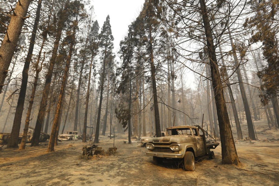 Several burnt vehicles and charred tree trunks are whatCfUs left of a homestead in Berry Creek after the North Complex fire in September.