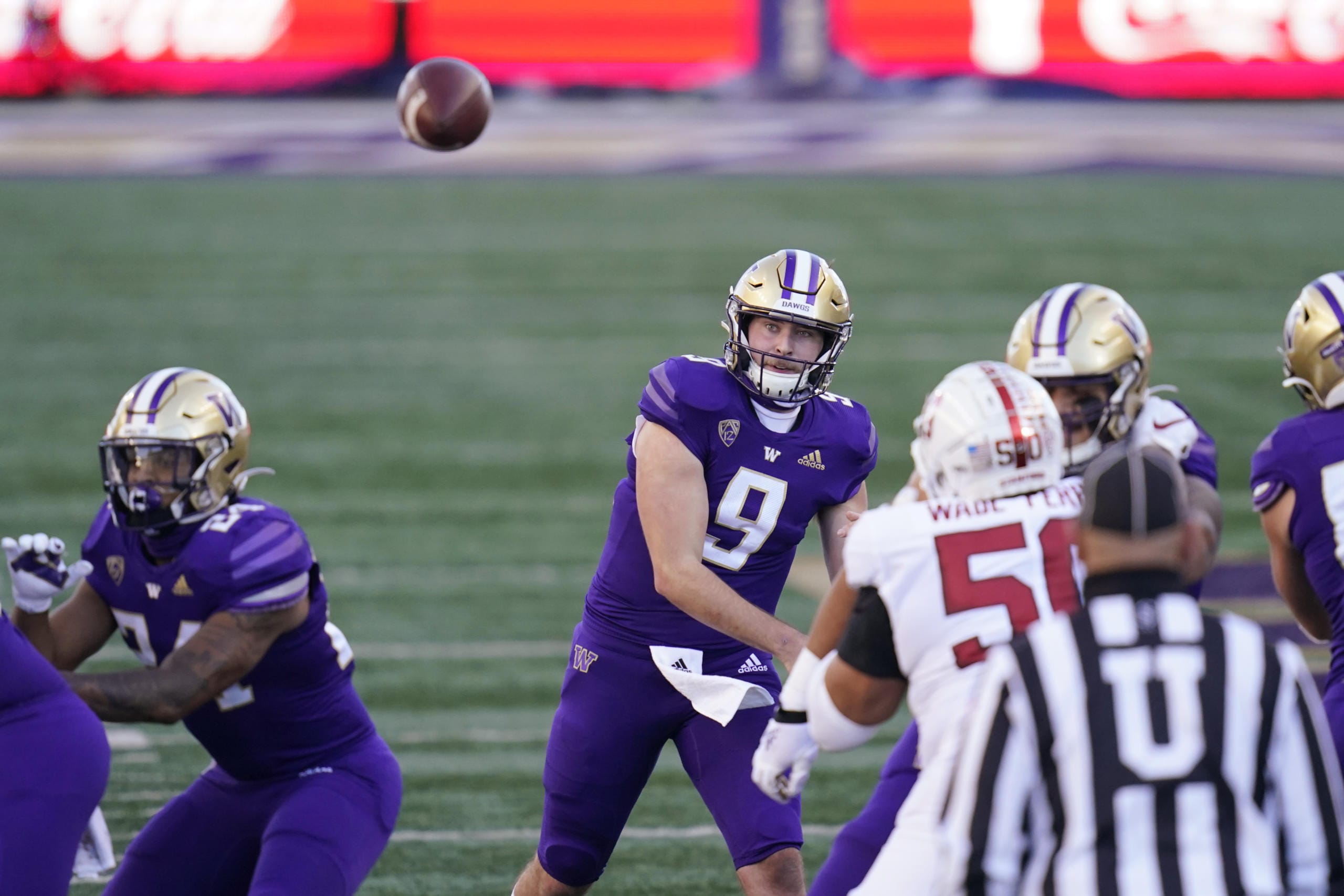 Washington quarterback Dylan Morris (9) throws against Stanford in the first half of an NCAA college football game Saturday, Dec. 5, 2020, in Seattle.