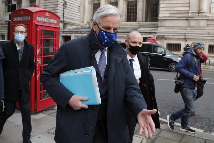 European Commission&#039;s Head of Task Force for Relations with the United Kingdom Michel Barnier walks from his hotel to the Conference Centre in London, Wednesday, Nov. 11, 2020. With less than two months to go before the U.K. exits the EU&#039;s economic orbit, trade deal talks resume in London.