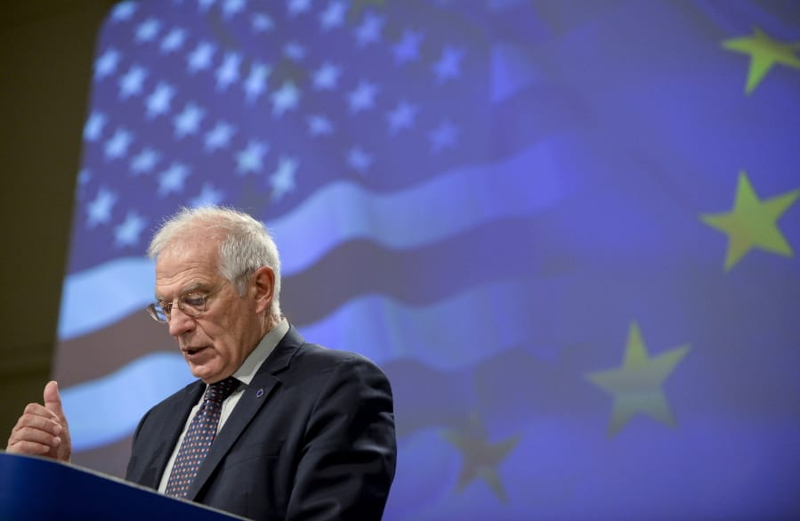 European Union foreign policy chief Josep Borrell speaks during a media conference at EU headquarters in Brussels, Wednesday, Dec. 2, 2020. The European Union is grasping the imminent arrival of the incoming Biden administration as a key moment to reset relations with the United States after four years of acrimony under President Donald Trump.