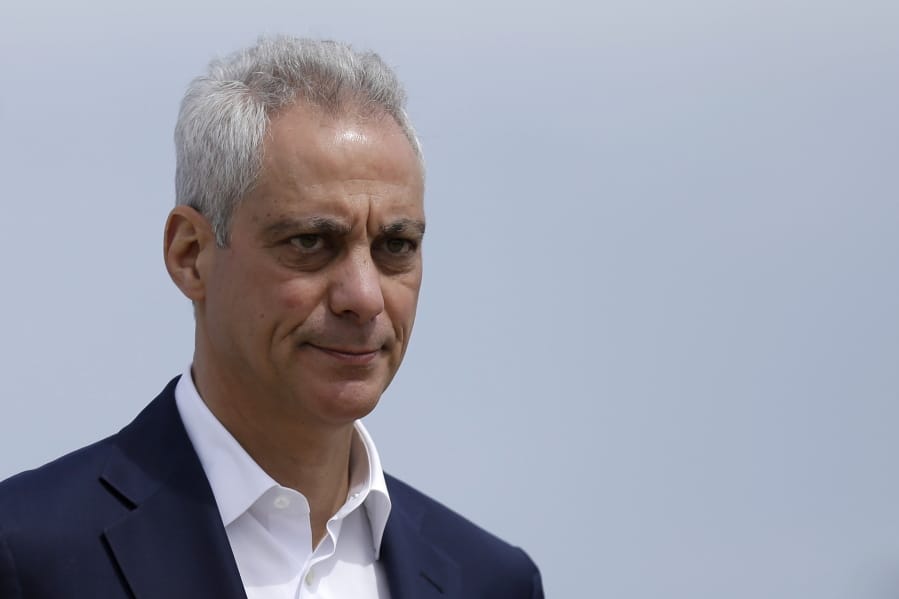 FILE - In this April 22, 2019, file photo, Chicago Mayor Rahm Emanuel waves as he arrives at a news conference outside of the south air traffic control tower at O&#039;Hare International Airport in Chicago.