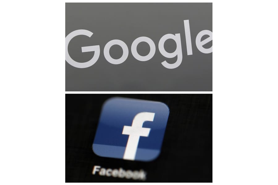 FILE - This combination of file photos shows a Google sign and the Facebook app. As a wave of antitrust actions surges against Google and Facebook, states in two lawsuits are stretching beyond the cases made by federal competition enforcers to level bold new claims.