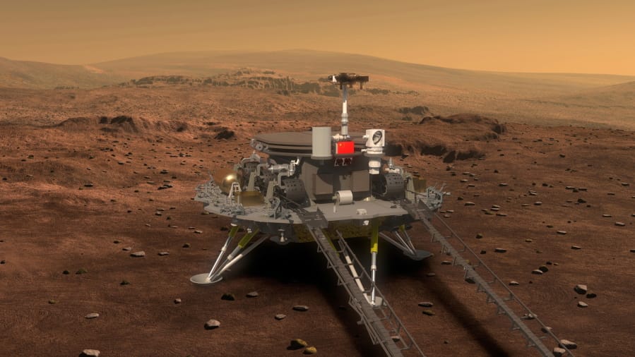 FILE - This artist&#039;s rendering provided to China&#039;s Xinhua News Agency on Aug. 23, 2016, by the lunar probe and space project center of Chinese State Administration of Science, Technology and Industry for National Defense, shows a concept design for the Chinese Mars 2020 rover and lander. China&#039;s landing of its third probe on the moon is part of an increasingly ambitious space program that has a robot rover en route to Mars, is developing a reusable space plane and plans to put humans back on the lunar surface.