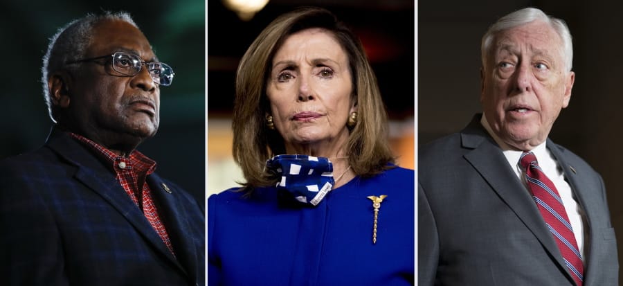 This combination of file photos shows from left, Rep. James Clyburn, D-S.C. on Feb. 29, 2020, in Columbia, S.C., House Speaker Nancy Pelosi of Calif., on July 24, 2020, in Washington and House Majority Leader Steny Hoyer, D-Md., on March 3, 2020, in Washington. Hoyer and No. 3 party leader Clyburn, Congress&#039; highest ranking Black member, were reelected to their positions, like Pelosi without opposition on Wednesday, Nov. 18, 2020.