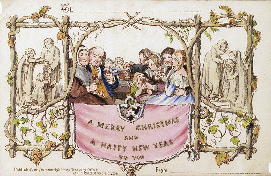 The first commercially produced Christmas card, dated December 1843. The card, a hand-colored lithograph designed in England by John Callcott Horsley, is among the rare holiday-themed items put up for auction online through a consortium run by Marvin Getman, a Boston-based dealer in rare books and manuscripts.