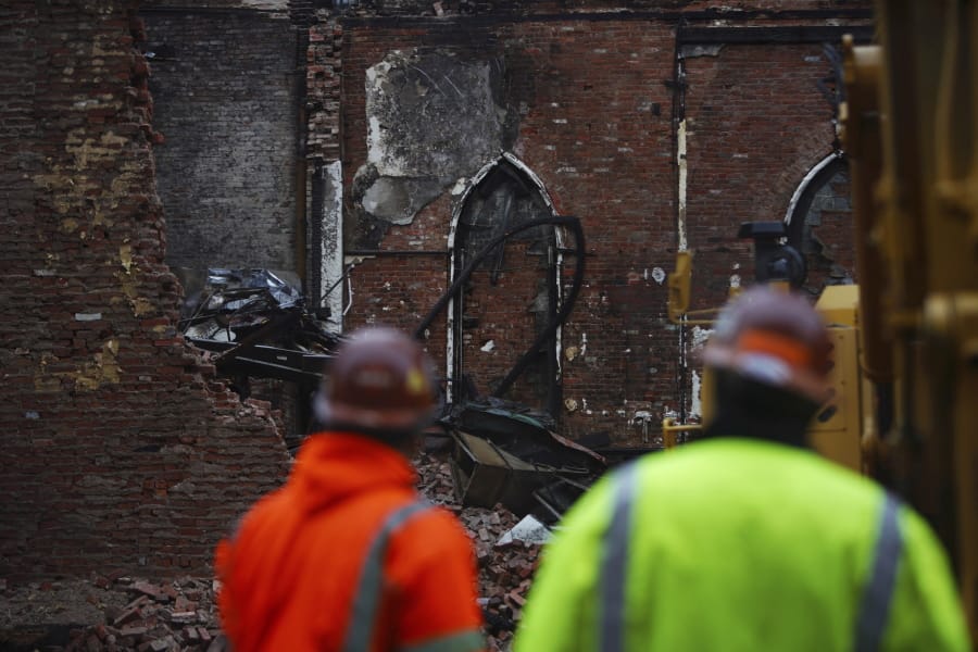 The site of Middle Collegiate Church, which was devastated by a fire earlier in the month, is seen in New York on Dec. 14, 2020. The facade and the New York Liberty Bell are the only parts of the 128-year-old church that remain.