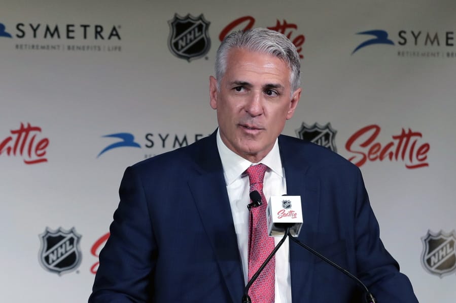 Ron Francis talks to reporters in Seattle, after he was introduced as the first general manager for the Seattle Kracken in 2019.  (AP Photo/Ted S.