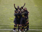 Columbus Crew players celebrate a goal against the Seattle Sounders during the first half of the MLS Championship soccer match Saturday, Dec. 12, 2020, in Columbus, Ohio.