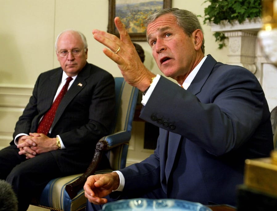 FILE - President George W. Bush, right, with Vice President Dick Cheney at his side, speaks during a meeting with congressional leaders in the White House Oval Office on Sept. 18, 2002. A new CNN Films documentary explores the role of the U.S. vice presidency, which in modern times has emerged into a more powerful position. Still, the film notes that  a veep&#039;s duties are all up to the president.