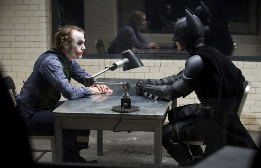 Heath Ledger, left, and Christian Bale in a scene from the 2008 film &quot;The Dark Knight.&quot; The film was added to the National Film Registry.