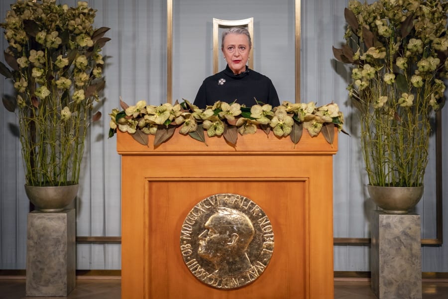 Nobel Committee chair Berit Reiss-Andersen makes a statement at the Nobel Institute as part of the digital award ceremony for this year&#039;s Peace Prize winner, the World Food Program (WFP), in Oslo, Norway, Thursday Dec. 10, 2020.  Reiss-Andersen makes a statement in Oslo as part of the Nobel Peace Prize digital award ceremony and an acceptance speech will be made by WFP Executive Director David Beasley in Rome, Italy.