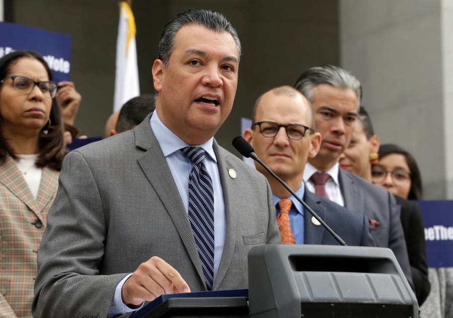 FILE - In this Jan. 28, 2019, file photo, California Secretary of State Alex Padilla talks during a news conference at the Capitol in Sacramento, Calif. California Gov. Gavin Newsom appointed Secretary of State Alex Padilla on Tuesday, Dec. 22, 2020, as the state&#039;s next U.S. senator to fill the seat being vacated by Vice President-elect Kamala Harris.