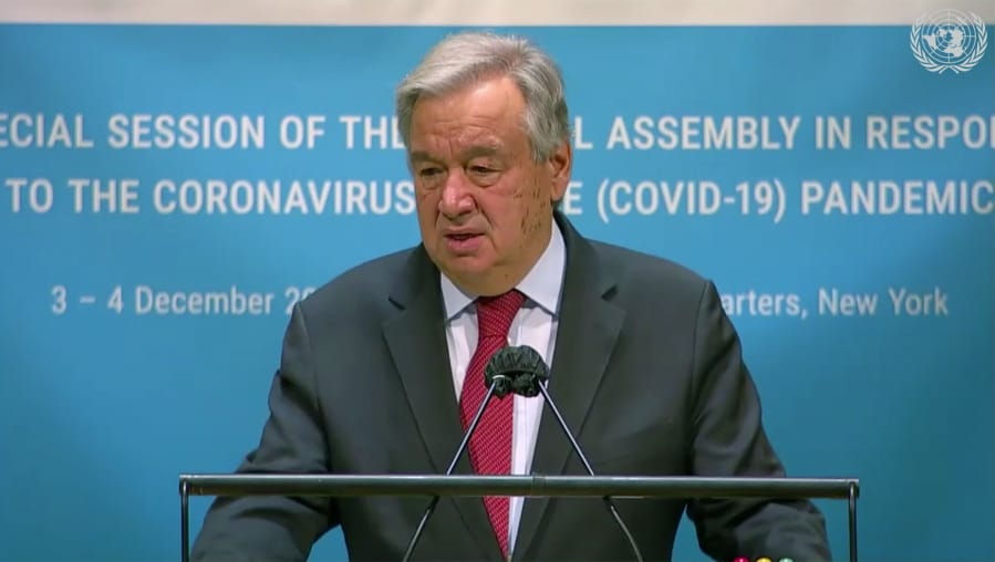 In this image made from UNTV video, United Nations Secretary General Antonio Guterres speaks during the U.N. General Assembly&#039;s special session to discuss the response to COVID-19 and the best path to recovery from the pandemic, Thursday, Dec. 3,2020, at U.N. headquarters, in New York.