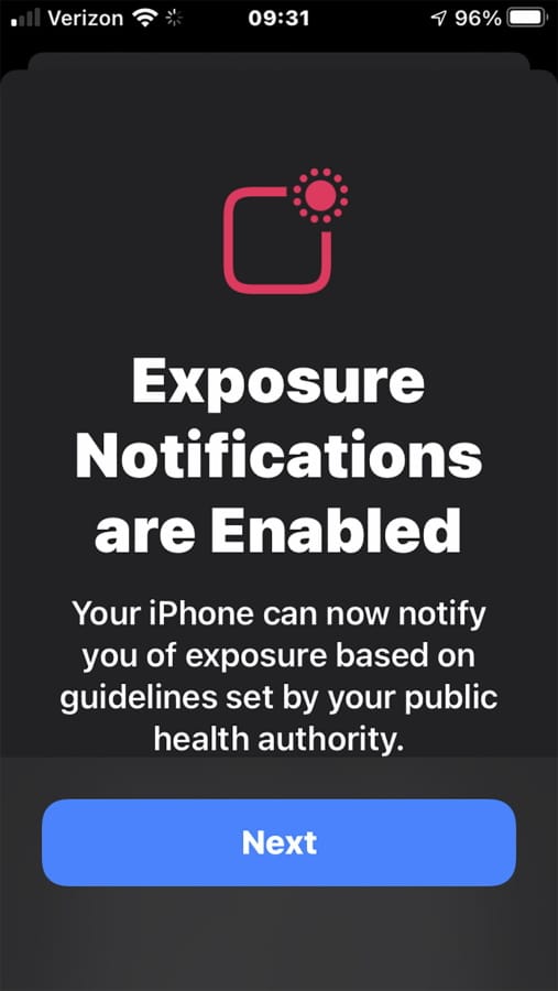 This screen shot from an iPhone with COVID-19 exposure notifications turned on shows information for iPhone users who are considering opting in to a statewide exposure notification program. (ted s.