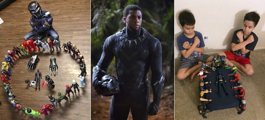 This combination photo shows, from left, Gavyn Batiste, 7, dressed as Black Panther and surrounded by action figures in Lafayette, La. on Aug. 31, 2020, actor Chadwick Boseman in character as T&#039;Challa in &quot;Black Panther&quot; and 10-year old twins Lenny, left, and Bobby Homes paying tribute to Boseman at their home in in Mesa, Ariz. on Aug. 31, 2020. Boseman died of colon cancer on Aug. 28 at age 43, an illness he kept secret from almost everyone, making movies in between surgeries and treatments. The world mourned the actor who, like many of his characters, radiated a regal sense of dignity.