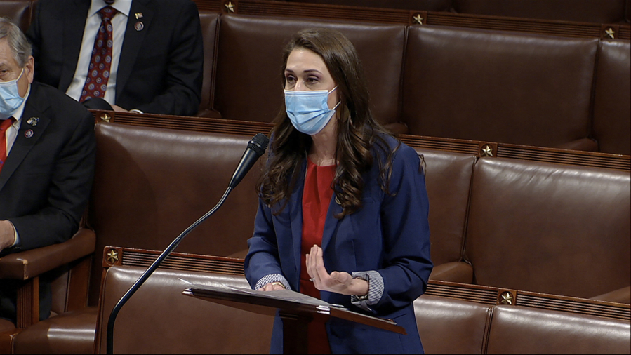 Rep. Jaime Herrera Beutler, R-Battle Ground, speaks as the House debates the objection to confirm the Electoral College vote from Pennsylvania, at the U.S. Capitol early Thursday.