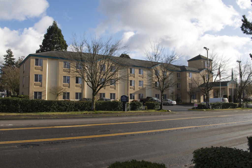 The Howard Johnson hotel on Vancouver Mall Drive pictured on Friday, Jan. 8, 2021. The Vancouver Housing Authority announced Friday that it is purchasing the hotel to turn it into a homeless shelter.