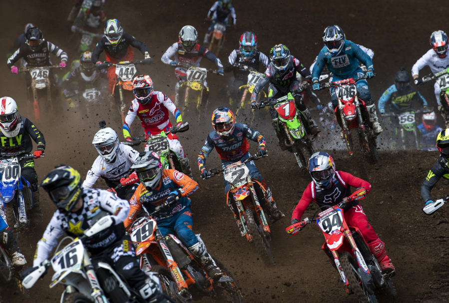 Riders take off in the 450 Class Moto #2 during the Washougal National Lucas Oil Pro Motocross at the Washougal MX Park on Saturday afternoon, July 27, 2019.