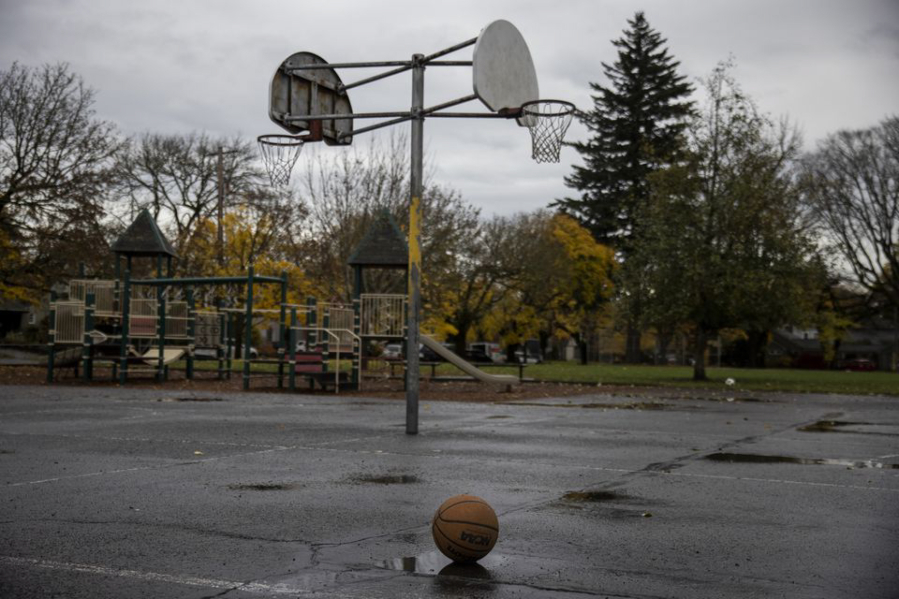 A basketball sits on an empty court at Duniway Elementary School in SE Portland on Tues., Nov. 17, 2020.