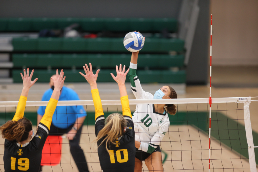 Portland State outside hitter Zoe McBride goes for a kill in a match against Idaho on Jan. 24 in Portland. McBride, who was 3A state player of the year at Prairie High School, transfered to Portland State after two successful seasons at Morgan State in Maryland.