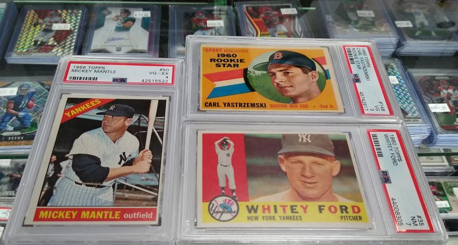 Baseball cards of Hall of Famers such as Mickey Mantle, Carl Yastrzemski, and Whitey Ford can be worth a lot depending on condition, significance, and — in the case of Ford — sudden demand by collectors because of a recent death. Super Sports Cards on Andresen Road in Vancouver has a vast card inventory that’s sure to get collectors excited.